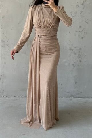 Pırıltılı Taş İşlemeli Tesettür Abiye Krem