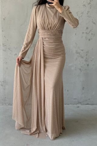 Pırıltılı Taş İşlemeli Tesettür Abiye Krem