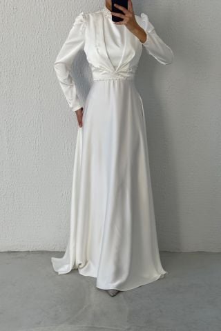 Modern Design Satin Hijab Evening Dress Ecru