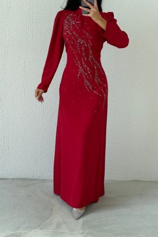 Krep Kumaş İşlemeli Tesettür Abiye Bordo