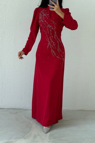 Krep Kumaş İşlemeli Tesettür Abiye Bordo