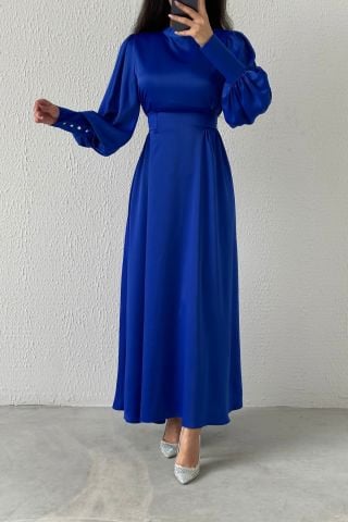 Infinite Elegance Balloon Sleeve Satin Hijab Evening Dress Saks Blue