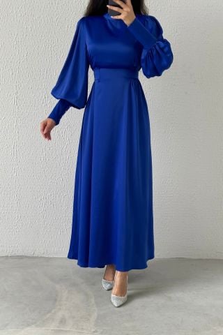 فستان سهرة أنيق بأكمام بالونية من الساتان للحجاب باللون الأزرق