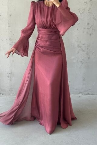 Drape Ve Pelerin Detaylı Janjan Tesettür Abiye Kiremit