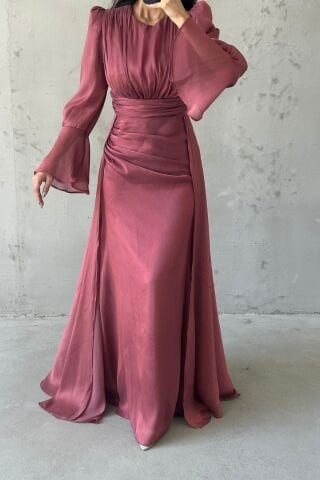 Drape Ve Pelerin Detaylı Janjan Tesettür Abiye Kiremit