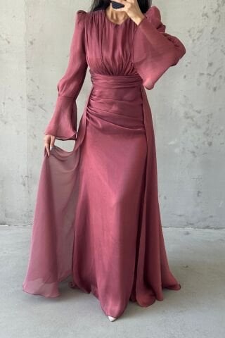 Drape Ve Pelerin Detaylı Janjan Tesettür Abiye Kiremit