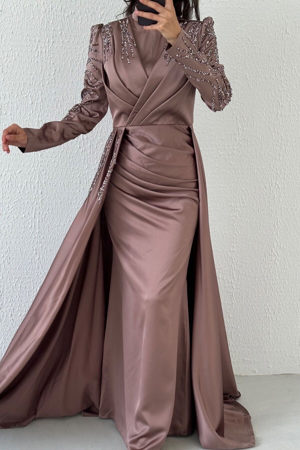 Cape Detailed Stone Embroidered Satin Hijab Evening Dress Mink