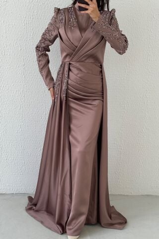 Cape Detailed Stone Embroidered Satin Hijab Evening Dress Mink