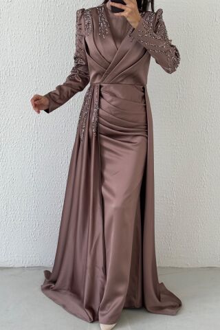 Cape Detailed Stone Embroidered Satin Hijab Evening Dress Mink