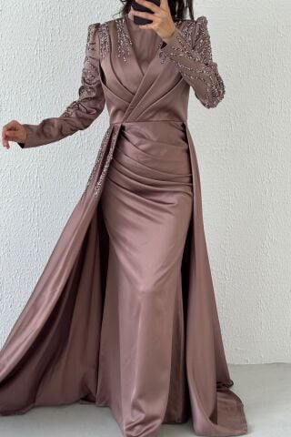 Cape Detailed Stone Embroidered Satin Hijab Evening Dress Mink