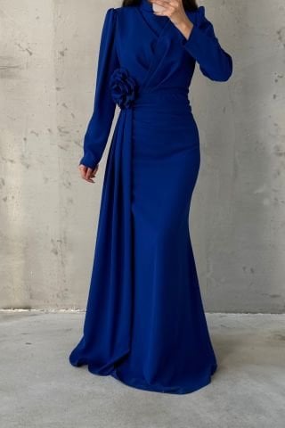 Crepe Fabric Rose Detailed Modest Evening Dress with Tail Saxe Blue