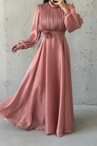 Modern Tasarım Broş Detaylı Tesettür Abiye Pudra