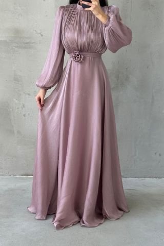 Modern Tasarım Broş Detaylı Tesettür Abiye Pudra