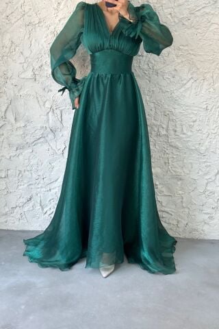 V Yaka Kol Ucu Detaylı Abiye Zümrüt Yeşili