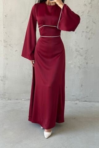 Kolları ve Beli İnci Taş Detaylı  Volan Kol Saten Tesettür Abiye Bordo