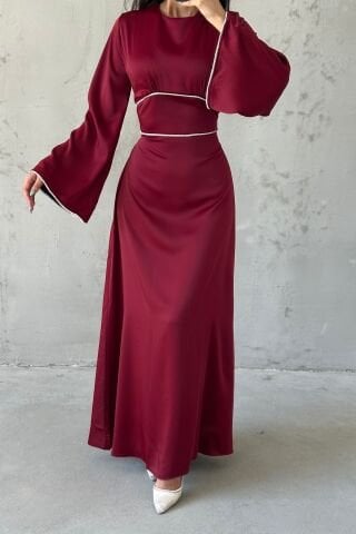 Kolları ve Beli İnci Taş Detaylı  Volan Kol Saten Tesettür Abiye Bordo