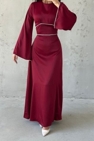 Kolları ve Beli İnci Taş Detaylı  Volan Kol Saten Tesettür Abiye Bordo