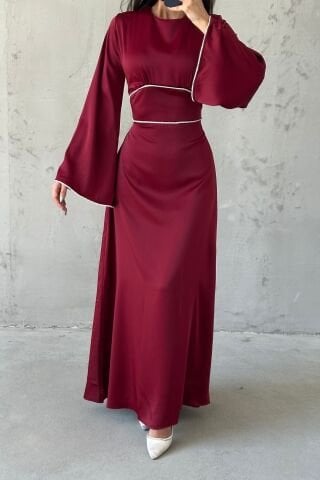 Kolları ve Beli İnci Taş Detaylı  Volan Kol Saten Tesettür Abiye Bordo