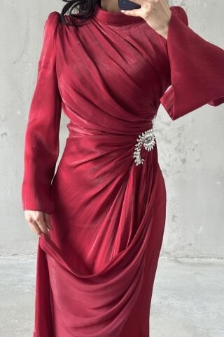 Ruffled Sleeve Draped Shimmering Hijab Evening Dress Red