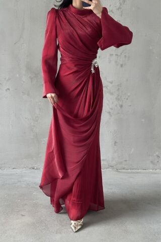 Ruffled Sleeve Draped Shimmering Hijab Evening Dress Red