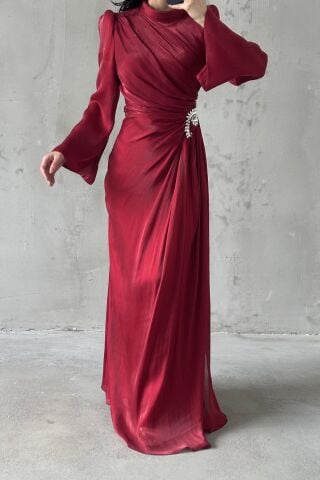 Ruffled Sleeve Draped Shimmering Hijab Evening Dress Red