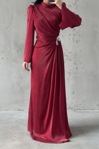 Ruffled Sleeve Draped Shimmering Hijab Evening Dress Red