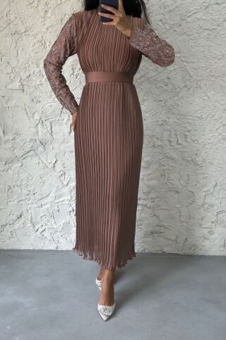 Kolu Boydan Taşlı Şifon Tesettür Abiye Bakır