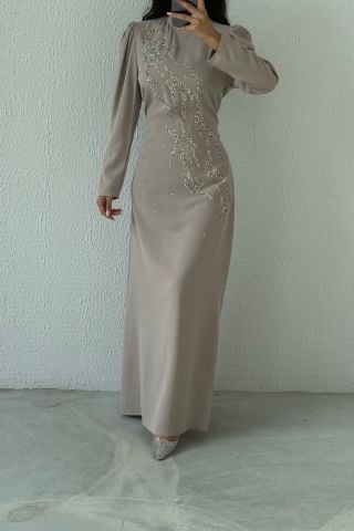 Crepe Fabric Embroidered Hijab Evening Dress Stone