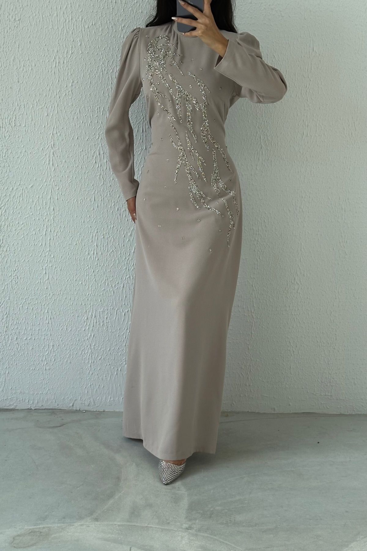 Crepe Fabric Embroidered Hijab Evening Dress Stone