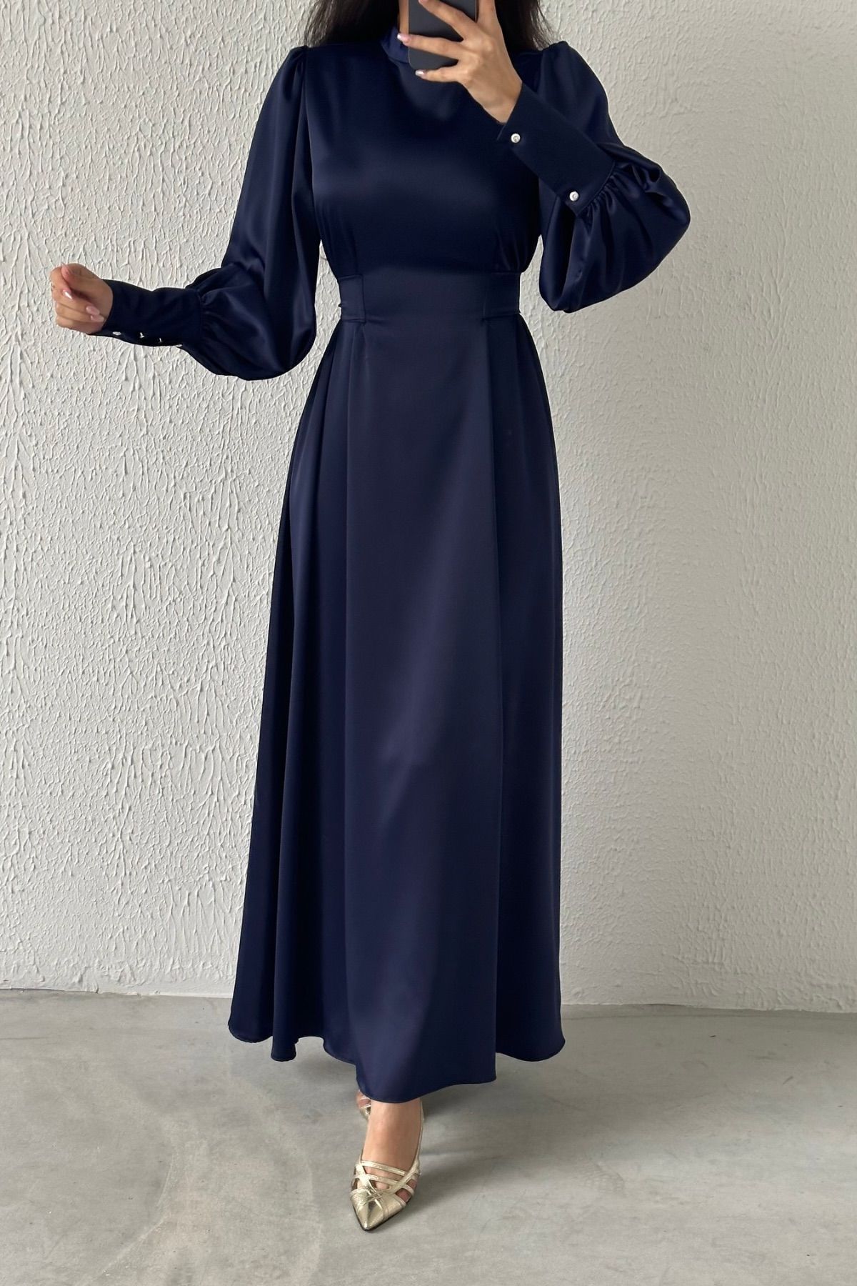 Infinite Elegance Balloon Sleeve Satin Hijab Evening Dress Navy Blue
