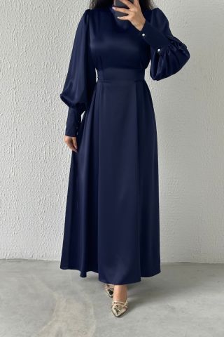 Infinite Elegance Balloon Sleeve Satin Hijab Evening Dress Navy Blue
