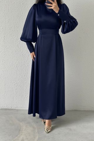Infinite Elegance Balloon Sleeve Satin Hijab Evening Dress Navy Blue