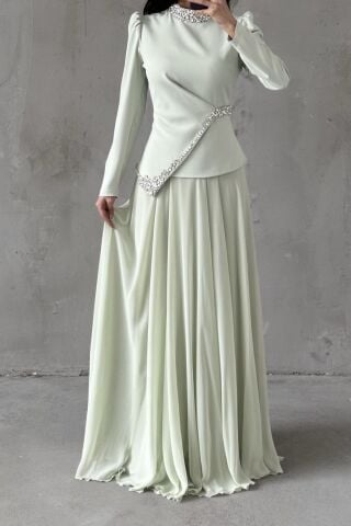 فستان سهرة لارين حجاب أخضر نعناعي