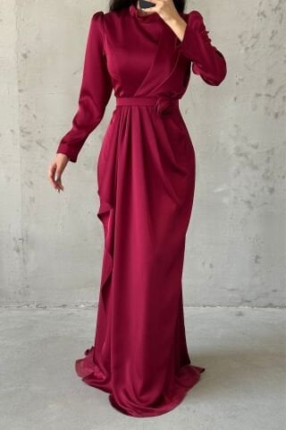 Gül Zarafetli Saten Tesettür Abiye Bordo