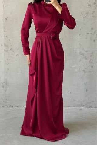 Gül Zarafetli Saten Tesettür Abiye Bordo