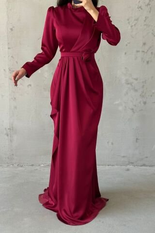 Gül Zarafetli Saten Tesettür Abiye Bordo