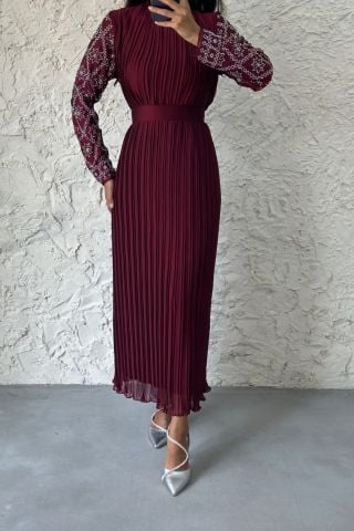 Kolu Boydan Taşlı Şifon Tesettür Abiye Bordo 36