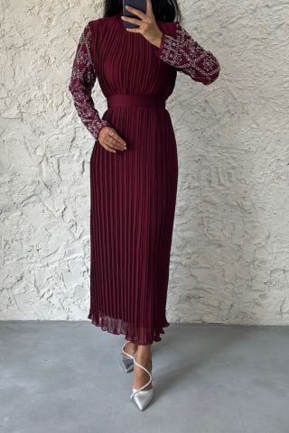 Kolu Boydan Taşlı Şifon Tesettür Abiye Bordo 36