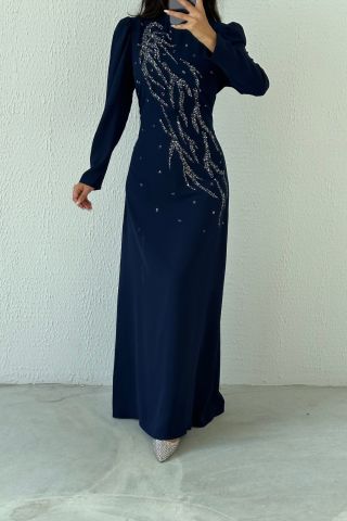Crepe Fabric Embroidered Hijab Evening Dress Navy Blue