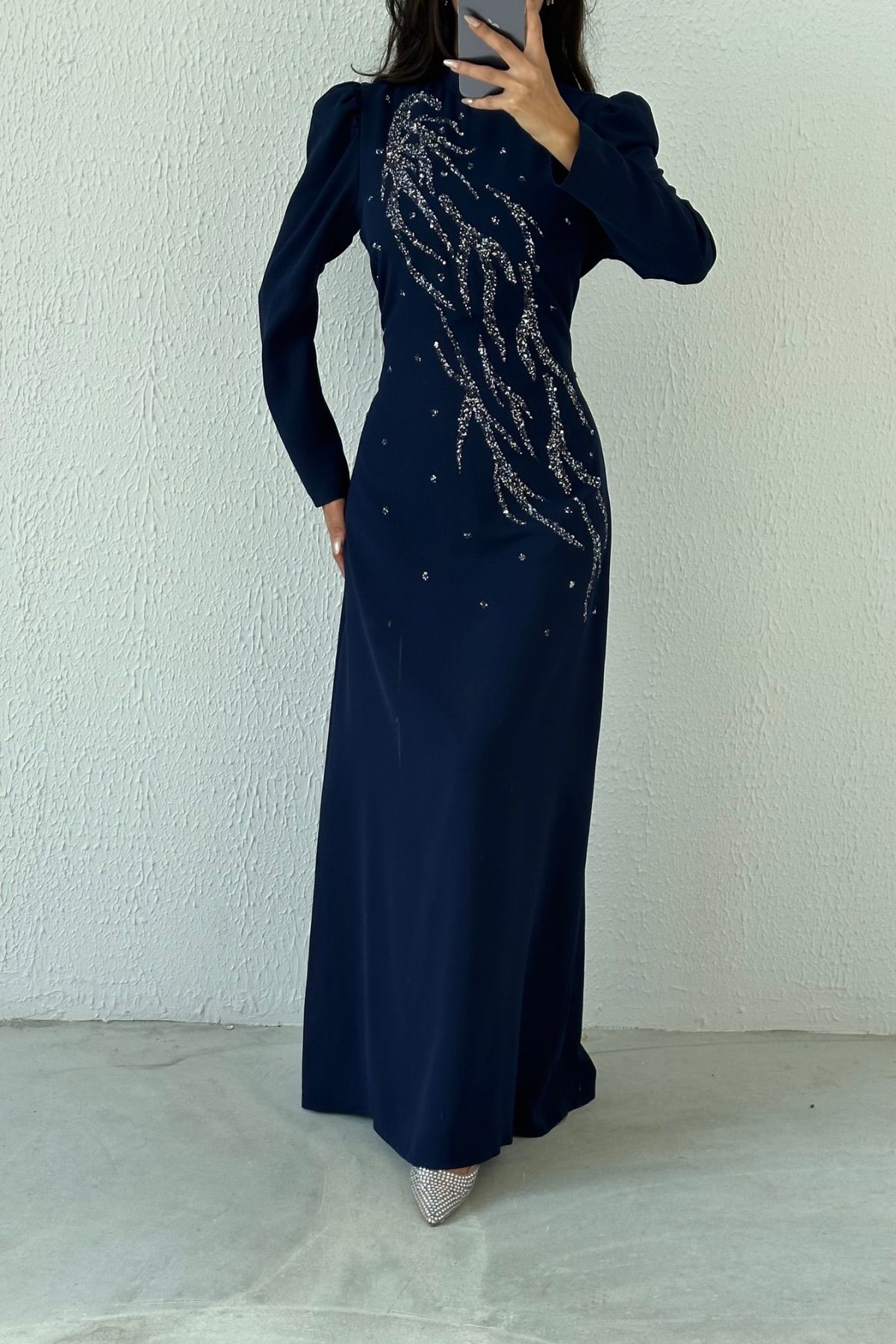 Crepe Fabric Embroidered Hijab Evening Dress Navy Blue