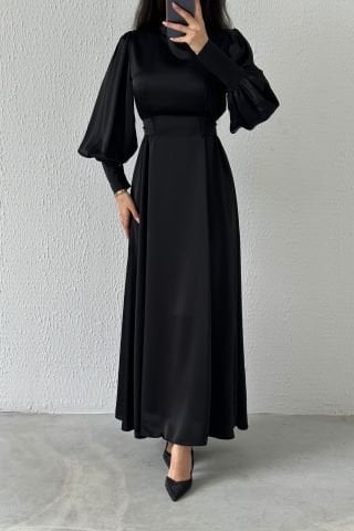 Sonsuz Zarafet Balon Kol Saten Tesettür Abiye Siyah