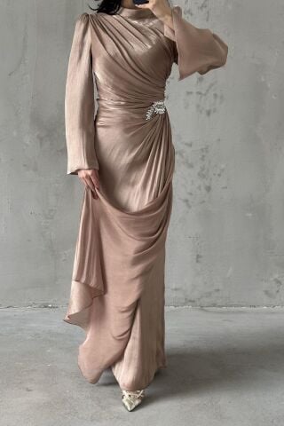 Ruffled Sleeve Draped Shimmering Hijab Evening Dress Copper
