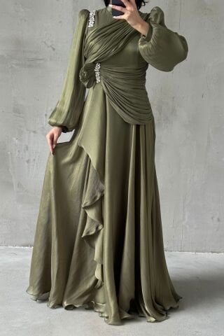 Ruffle Skirt Detailed Stone Embellished Hijab Evening Dress Khaki