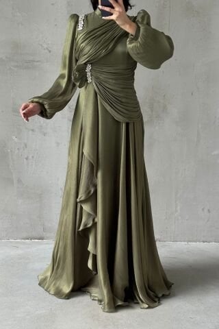 Ruffle Skirt Detailed Stone Embellished Hijab Evening Dress Khaki