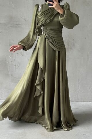 Ruffle Skirt Detailed Stone Embellished Hijab Evening Dress Khaki