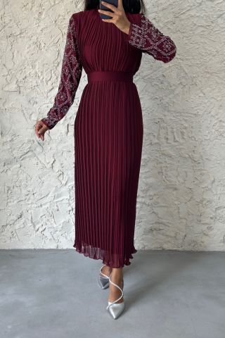 Kolu Boydan Taşlı Şifon Tesettür Abiye Bordo 36