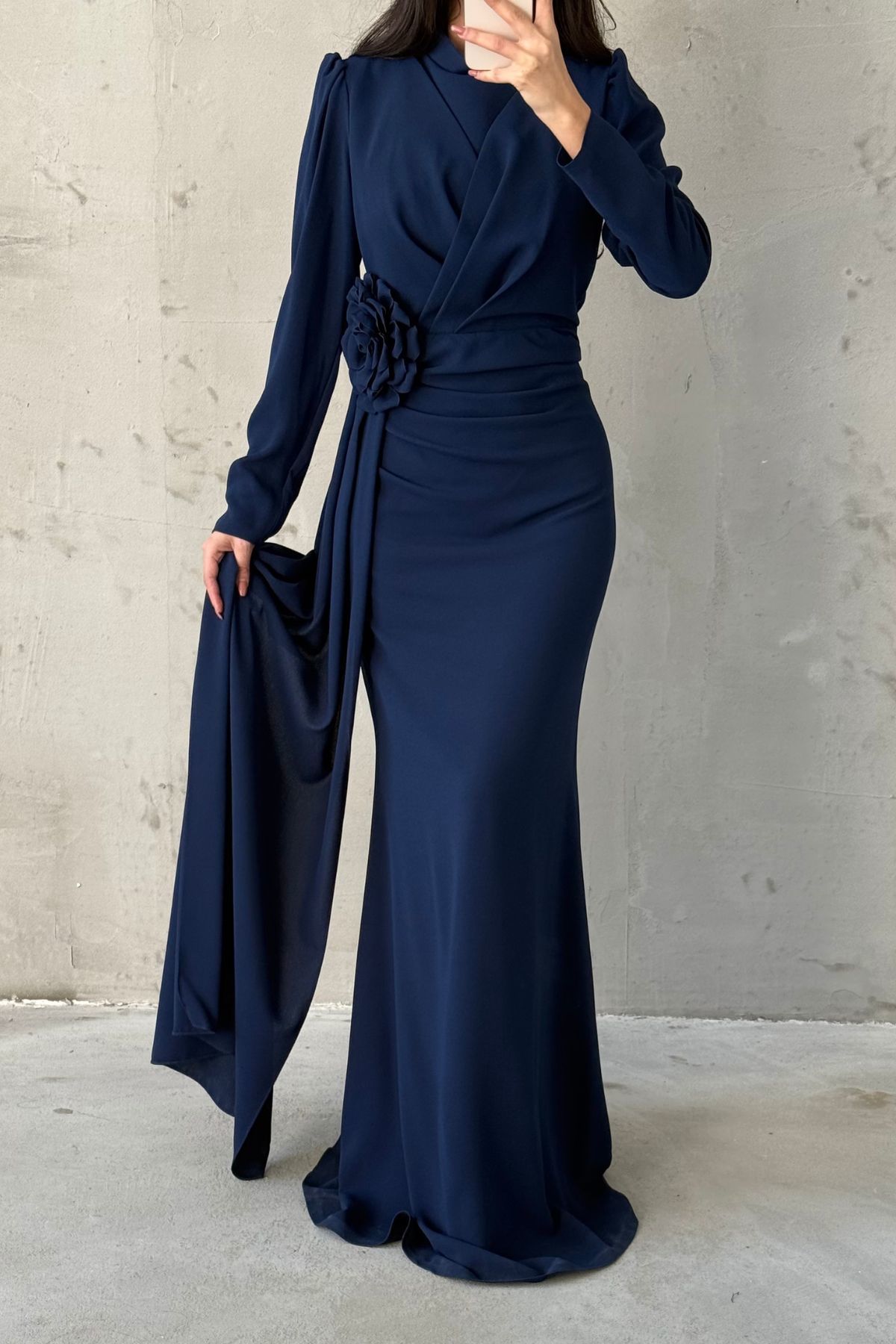 Tailed Crepe Fabric Rose Detailed Hijab Evening Dress Navy Blue
