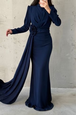 Tailed Crepe Fabric Rose Detailed Hijab Evening Dress Navy Blue
