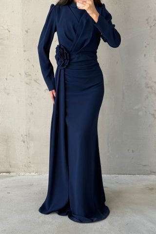 Tailed Crepe Fabric Rose Detailed Hijab Evening Dress Navy Blue
