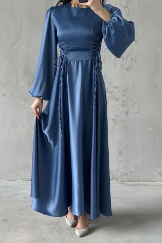 Belden Bağlamalı Balon Kol Saten Tesettür Abiye İndigo
